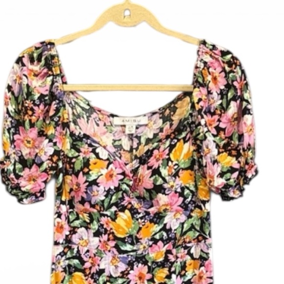 Amisu Floral Puff Sleeve Midi Dress - Pink, Yellow, Green - Picture 5 of 7